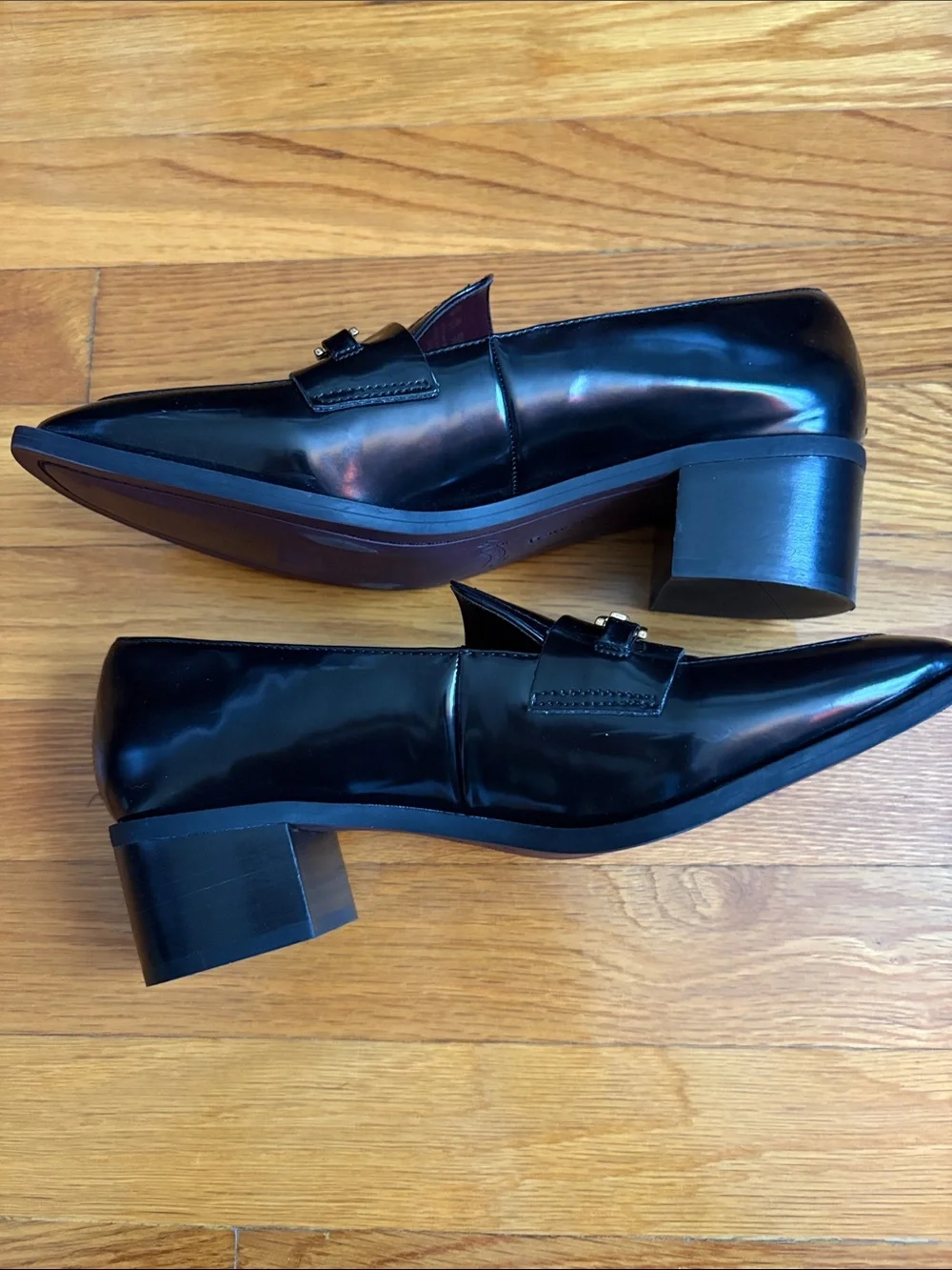 Franco Sarto Black Patent Leather Loafers with Gold Bit